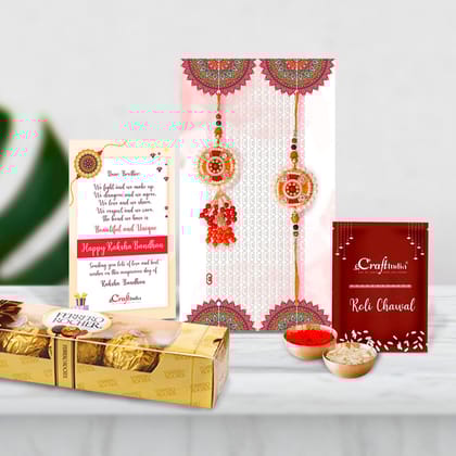 Designer Bhaiya Bhabhi Rakhi with Ferrero Rocher (4 pcs) and Roli Chawal Pack, Best Wishes Greeting Card