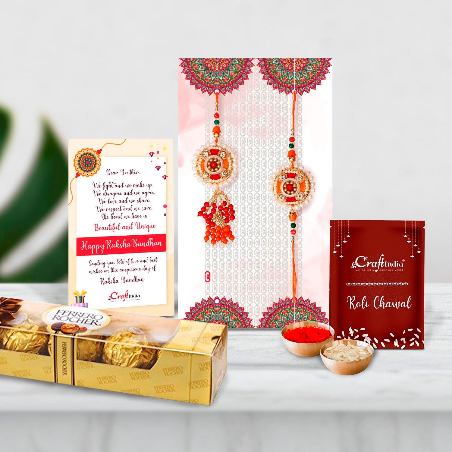 Designer Bhaiya Bhabhi Rakhi with Ferrero Rocher (4 pcs) and Roli Chawal Pack, Best Wishes Greeting Card