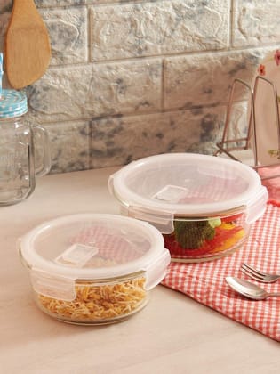 Femora Borosilicate Glass Microwave Safe Round Food Storage Container with Air Vent Lid (380 ml, Pack of 2), 1 Year Free Replacement