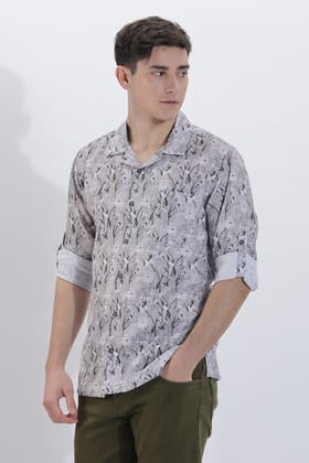 Men's Waffle Cuban collar Leaf Printed Shirt | Rick Rogue-Grey / XL/42