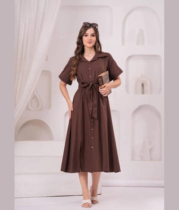 JC4U Women Cotton Self Design Fit & Flare Dress ( Coffee )