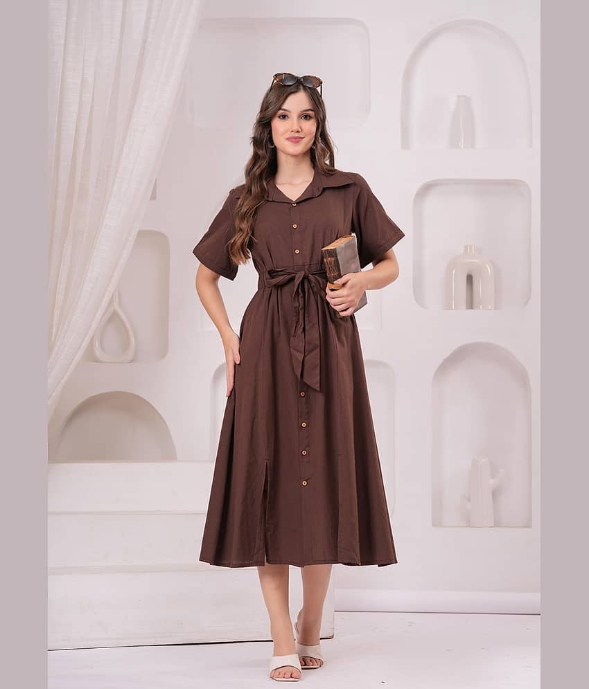 JC4U Women Cotton Self Design Fit & Flare Dress ( Coffee )