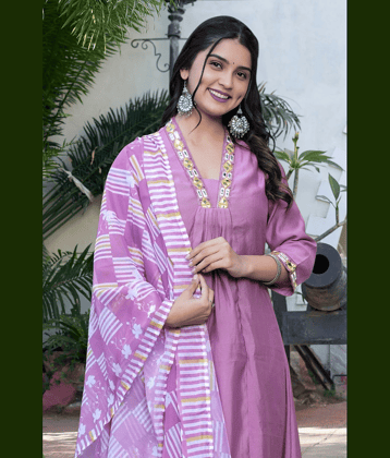 YAGNIK FASHION Women Rayon Solid A-line Kurti With Pants ( Lavendar )