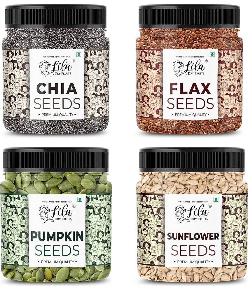 LILA DRY FRUITS 4 Superseed Combo (Chia, Pumpkin, Sunflower & Flax) 250gm each (1kg total) Jar Pack