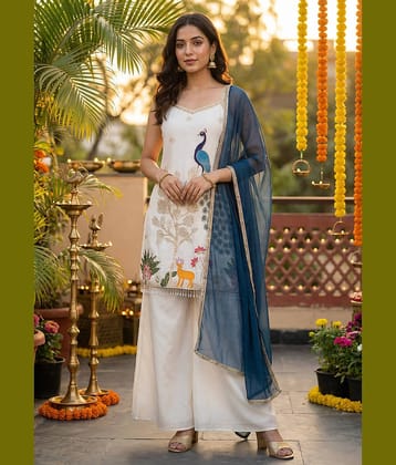 kedar fab Women Silk Embroidered Straight Kurti With Palazzo ( White )