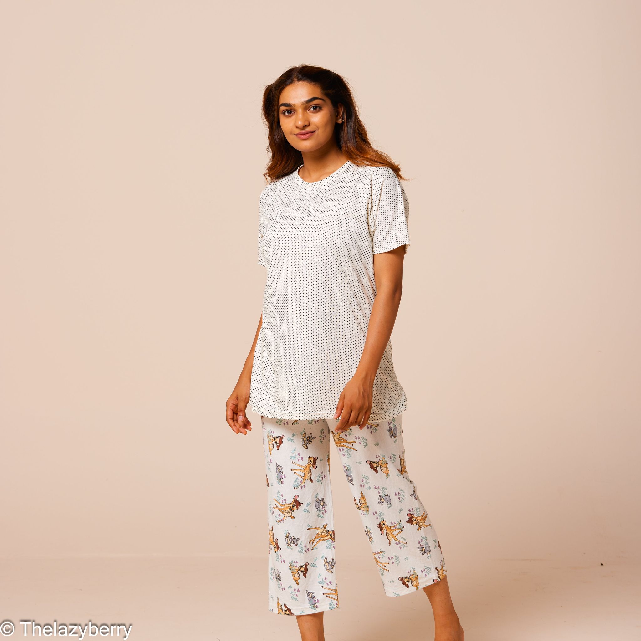 White with black polka dots on off-white mix & match night dress-L