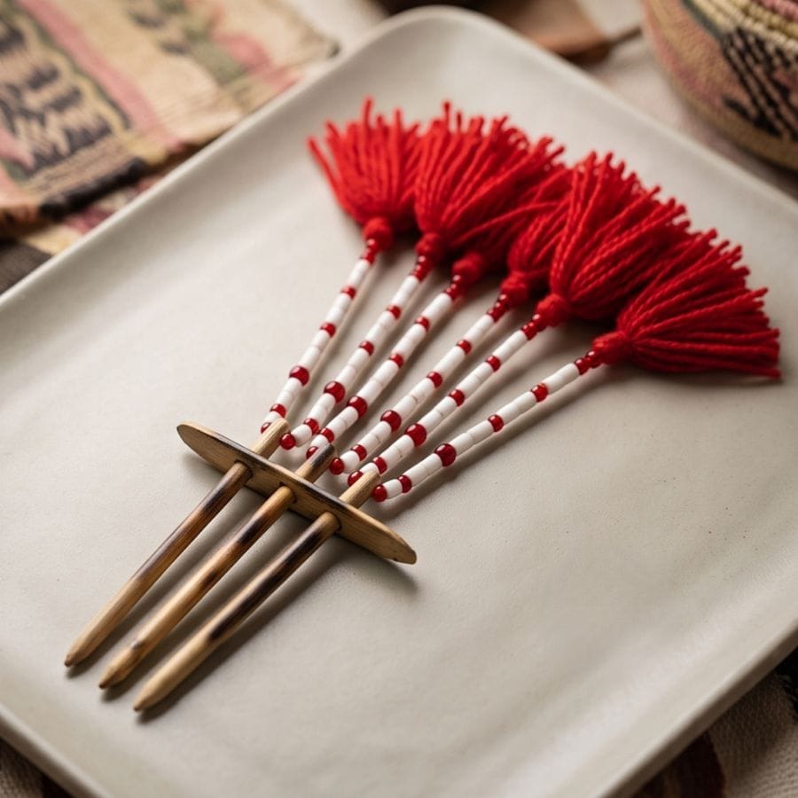 Artisanal Bamboo Bun Pin Hair Ornament with Flared Red Tassels