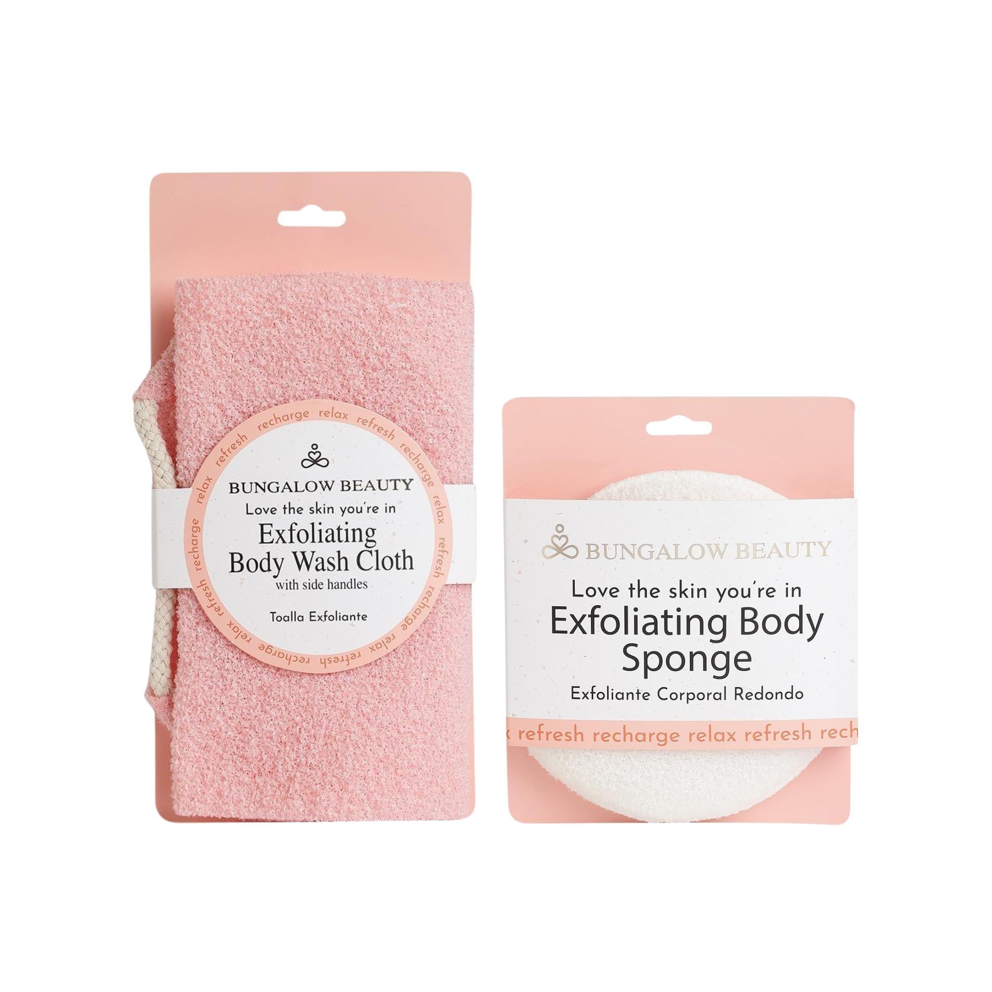 BUNGALOW BEAUTY Microfiber Loofah Back Scrubber and Exfoliating Body Sponge for Bathing, Dry Skin, White (Pack of 2)