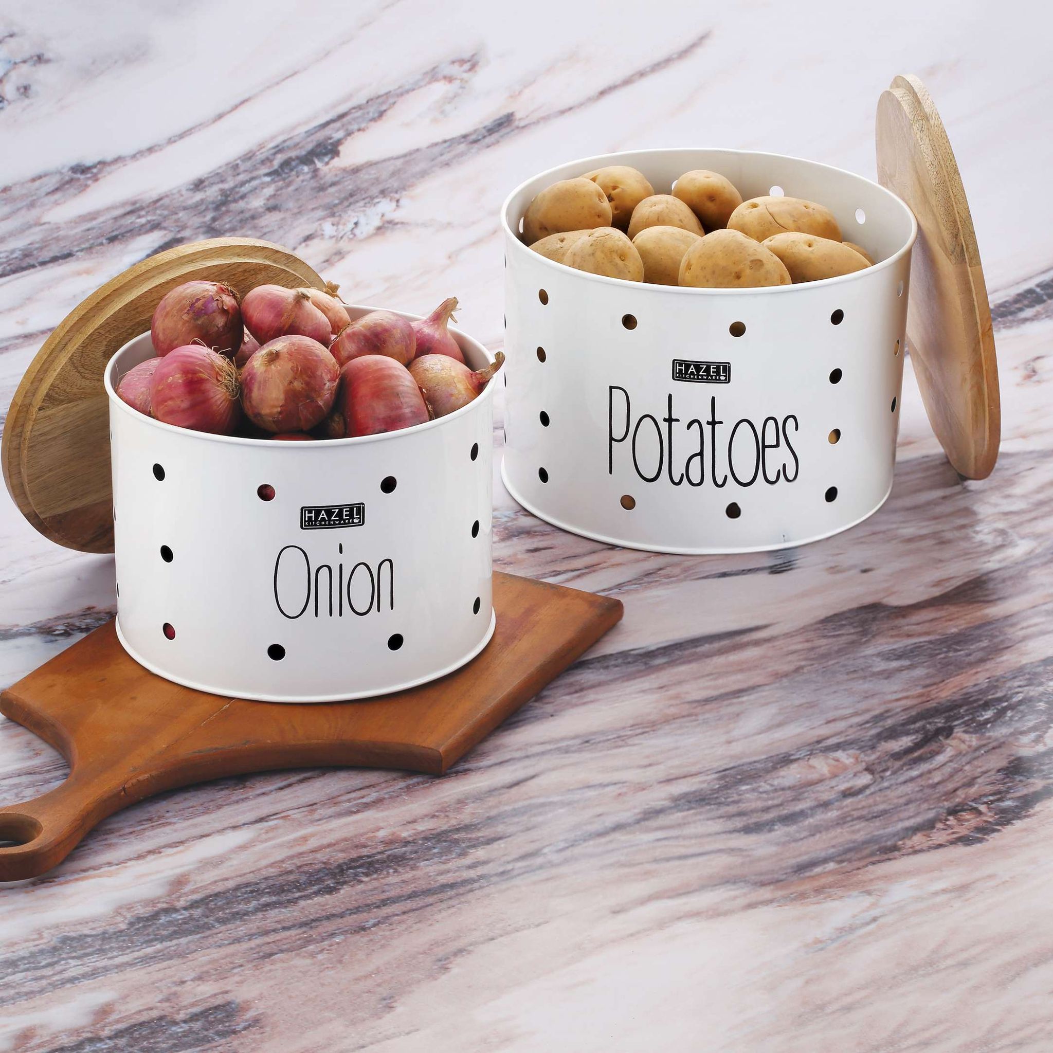 HAZEL Potato Onion Storage Container for Kitchen, Onion and Potato Container, Set of 2, White
