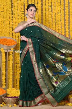 Bestseller Rajsi~Handloom Pure Cotton Paithani With Peacock Pallu~ Dark Green