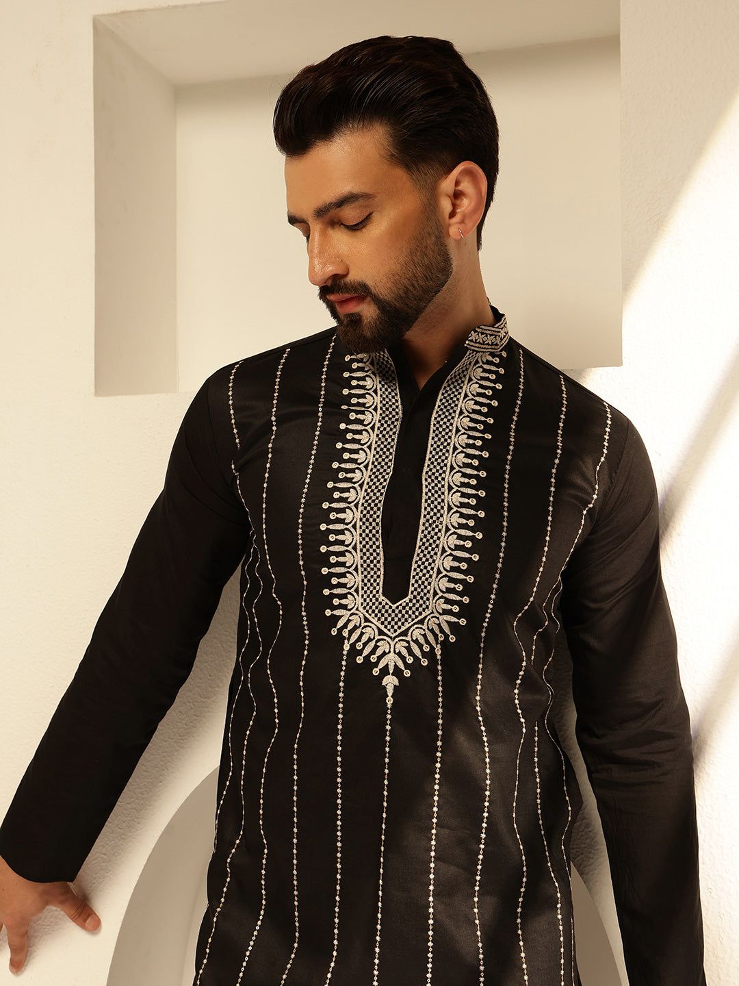 Men's Cotton Silk Black Long Kurta with Elegant Neck Embroidery-36