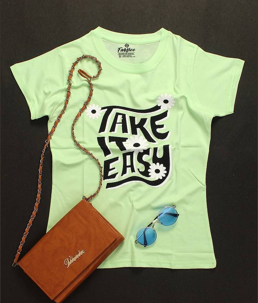 Fabflee Women Cotton Printed Regular Fit Round Neck T-Shirt ( Green )