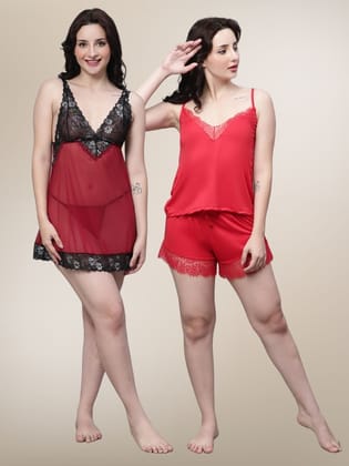 Women's Set Of 2 Red & Black Strap Net Baby Doll-S / Red/Black