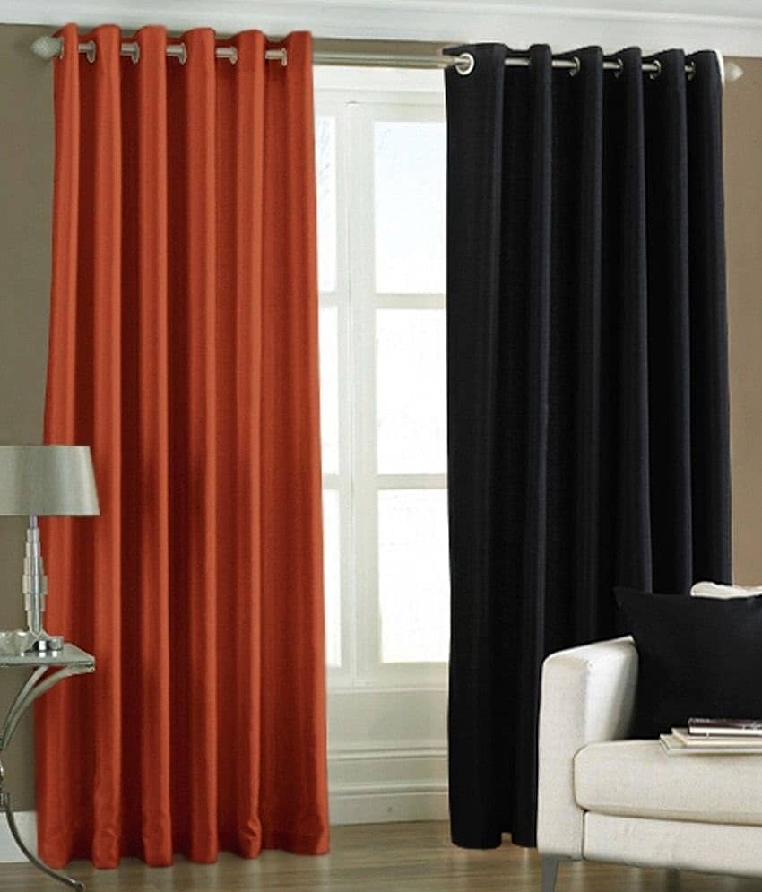 Panipat Textile Hub Solid Semi-Transparent Eyelet Door Curtain 7 ft Pack of 2 -Orange