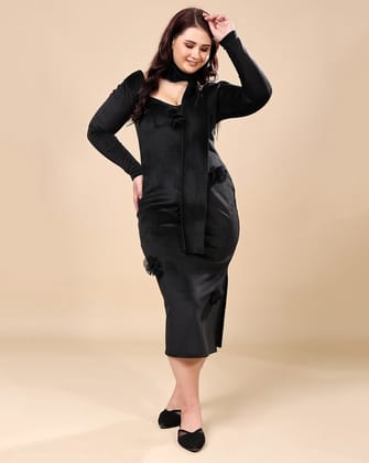 Black Solid Bodycon Winter Dress-L / Black