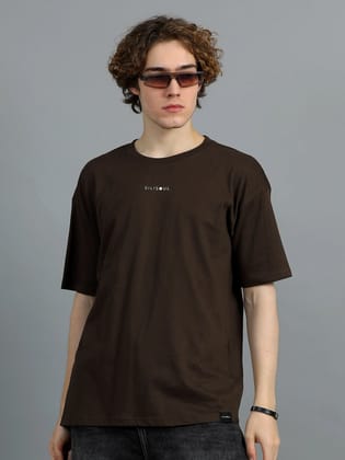 Men Brown Brand Logo Solid Oversized T-Shirt-XS