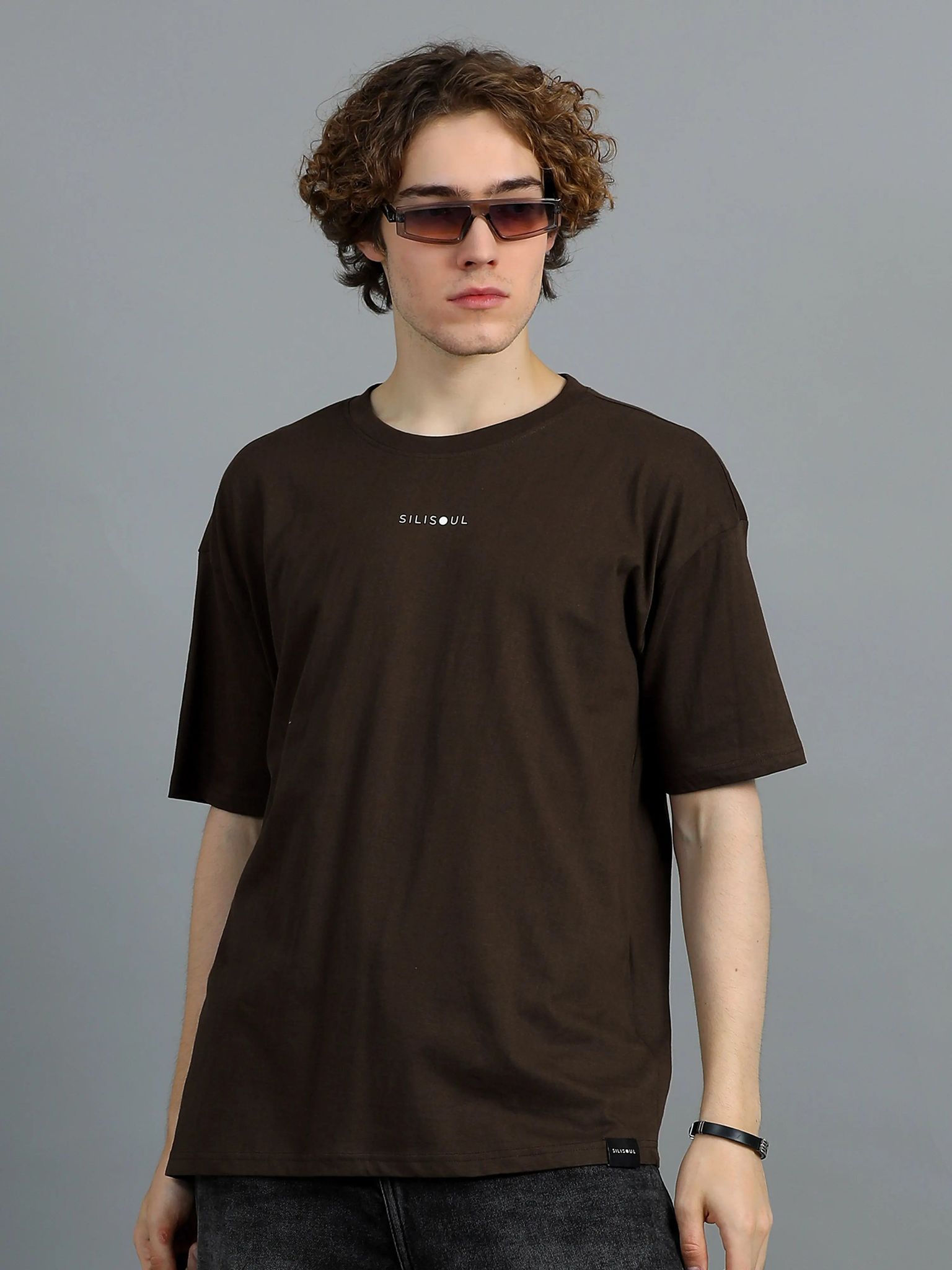 Men Brown Brand Logo Solid Oversized T-Shirt-XS