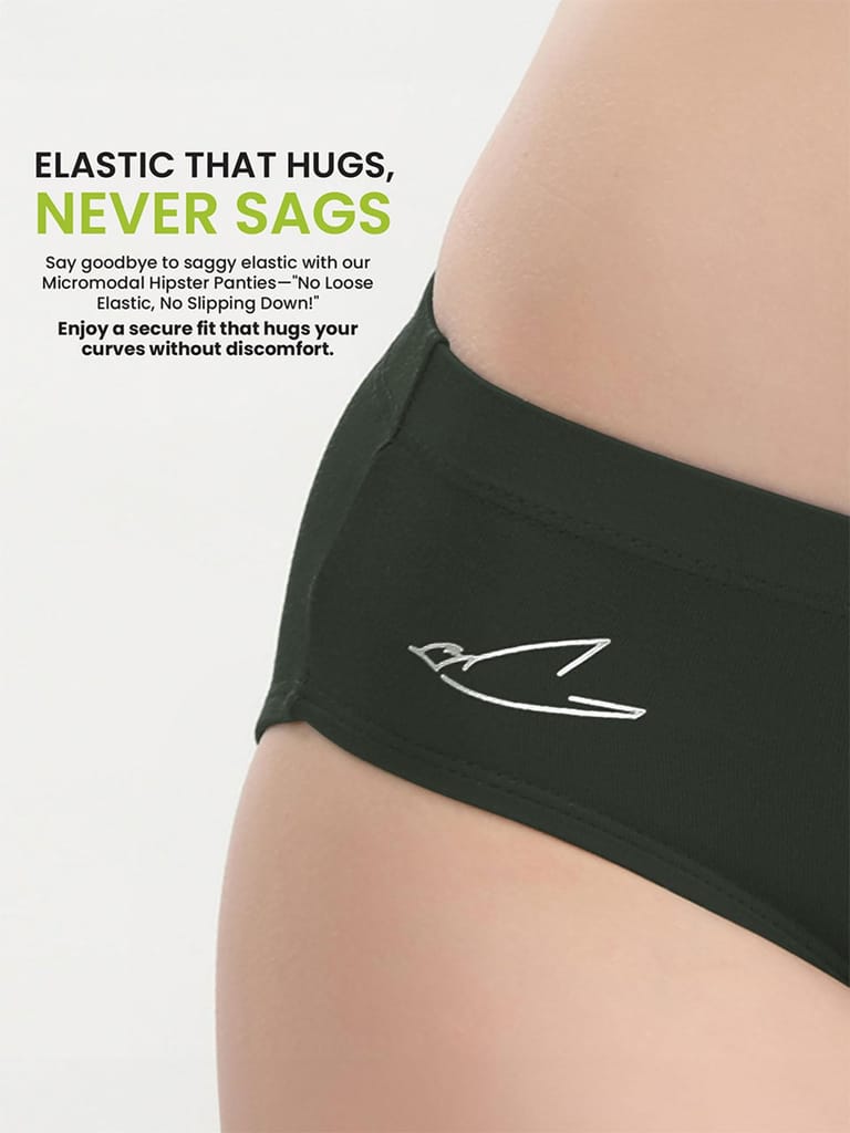 Freecultr Women’s Micromodal Mid-Rise Hipster | Super Soft & Breathable Fabric | Medium Rear Coverage | Comfortable Stretch Elastic | Pack of 3 |Color - Avocado Green,Sable Black,Pink