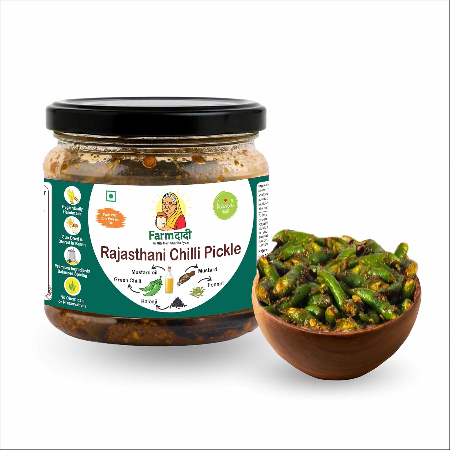 FarmDadi Rajasthani Green Chilli Pickle 350g Organic | Marwadi Hari Mirch ka Achar | Spicy Homemade Achaar With Cold Pressed Mustard Oil | Theeka Ghar Ka Pickle | No Garlic | No Chemical Preservatives