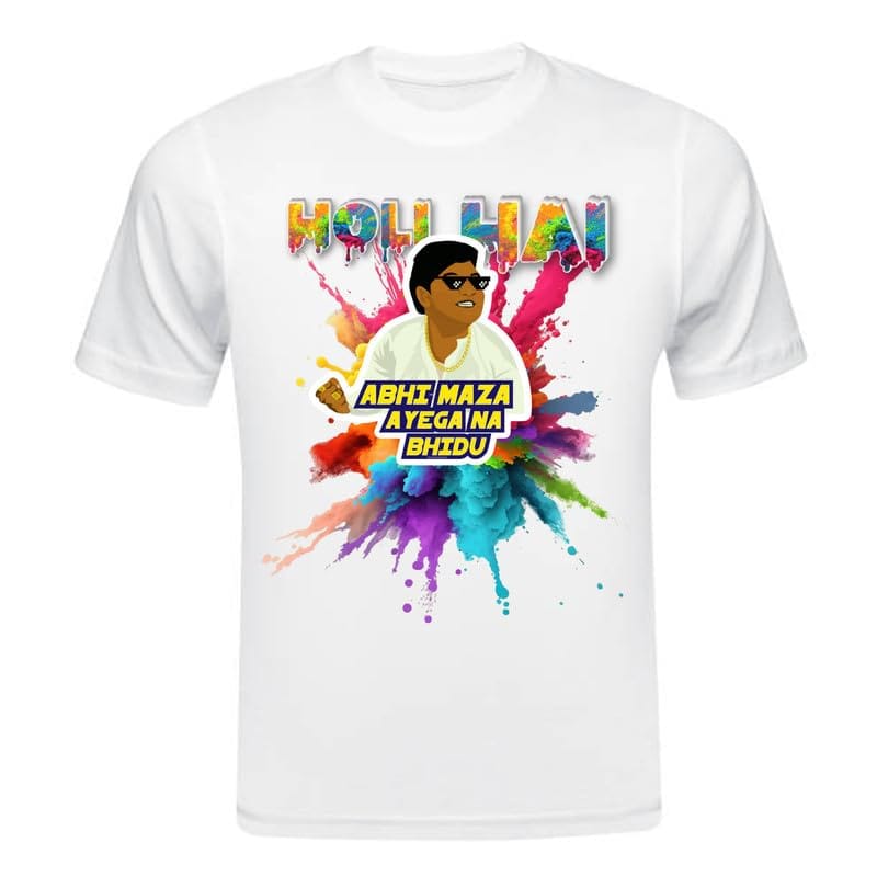 TERA MERA GIFT, Holi Printed T-Shirt, Happy Holi Festival T-Shirt, White Polyester, Reguler Fit, Round Neck, Short Sleeve, Unisex H125