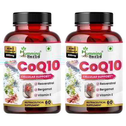 Humming Herbs CoQ10 600mg Cellular Support Supplement with Resveratrol, Bergamot & Vitamin E - Heart Health & Energy Booster - Antioxidan - Pack of 2
