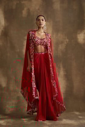 Red draped skirt with embroidered crop top & cape-M