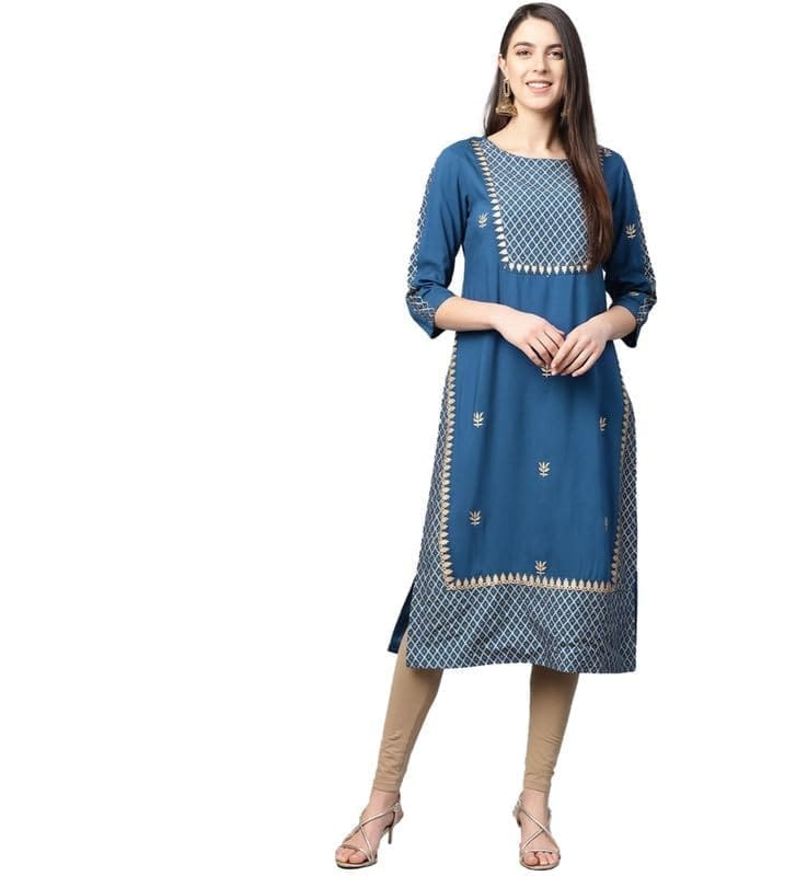 Women's Casual 3/4 th Sleeve Floral Printed Rayon Kurti (Blue, S)-PID48570