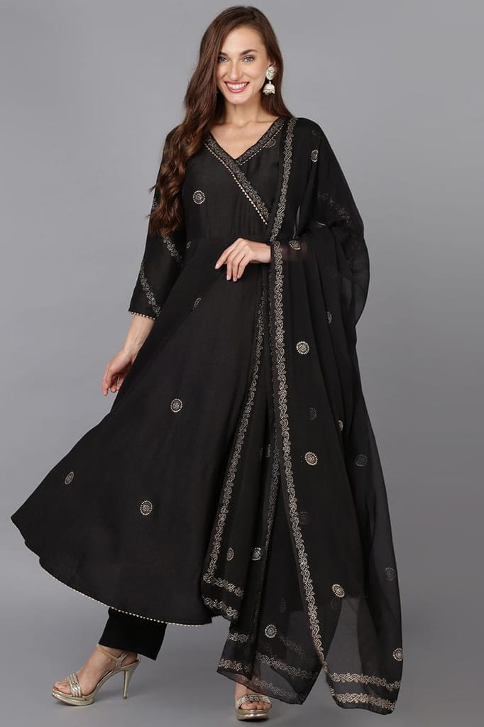 Black Silk Blend Ethnic Motifs Straight Suit Set PKSKD1916 - Kurtas & Kurta Sets | Buy online on ZillyBuy