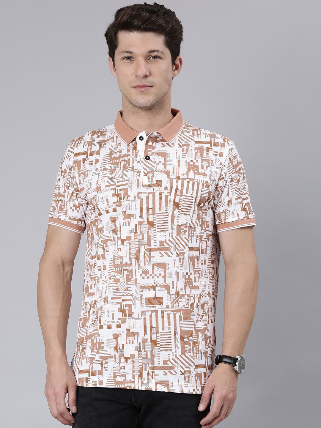 Classic Polo Men's Half Sleeve White/Lt.Brown Polo Neck Cotton Blend Slim Fit T-Shirt | BEAU - 267 B SF P