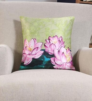 Koko Decorative Cushion Cover Square Shape 16 x 16 Inch | Soft Textured Green Lotus Print | Polyester Solid Color Pillow Covers for Bed, Sofa, Chair Seat (Pack of 1)