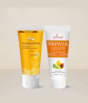 Alna Sunscreen Lotion SPF 30+ 75ml with Papaya Grape Face Wash 75ml , Pack of 2