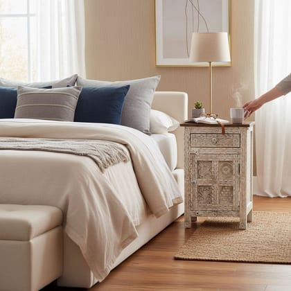 Indian Mango Wood Bedside Table | Distress White Finish