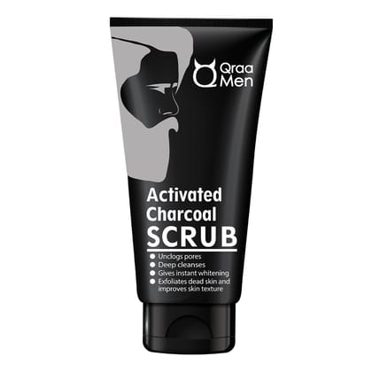 Qraa Men Activated Bamboo Charcoal Scrub with Essential Oils, For deep cleansing & Glowing Skin, Anti Acne & Blackhead Remover - 100gm