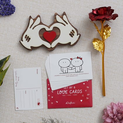 Valentine Combo of Pack of 8 Love Gift Cards, Golden Red Rose Gift Set, Hands Showcasing Red Heart Gift Set