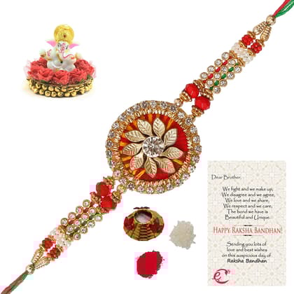 Designer Rakhi with Lord Ganesha Idol on Decorative Plate for Car & Home and Roli Tikka Matki, Best Wishes Greeting Card