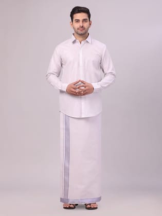 Men's Lavender Tissue Shirt and Dhoti Set with Intricate Jacquard Border Plum-36 / F/S / Lavender