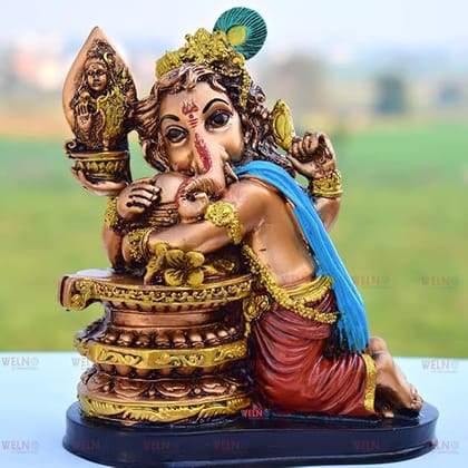 WELNO International Resin Ganesha Vinayagar Statue, Antique Finish Resin Ganesh Idol/Cute Hugging Shivling Statue Ganesha/Vinayaka