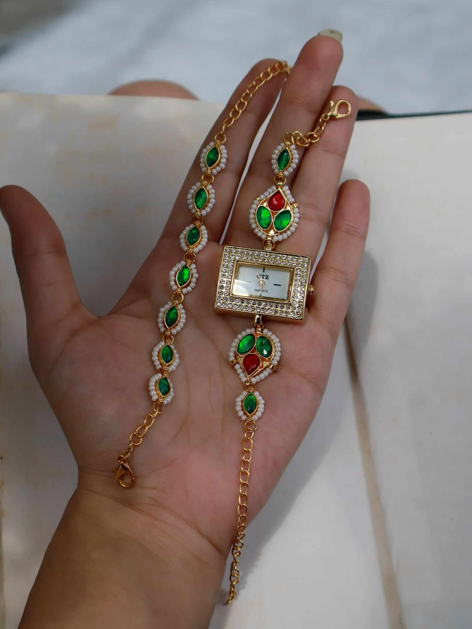 Haneen Red-Green Kundan Wrist Watch & Bracelet Set-Green
