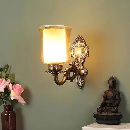 ELIANTE Antique Brass Metal Wall Light with Glass Shade  Vintage Decorative Wall Lamp for Living Room Bedroom Hallway Dining Decor | 3 Years Warranty | Free - LED LAMP