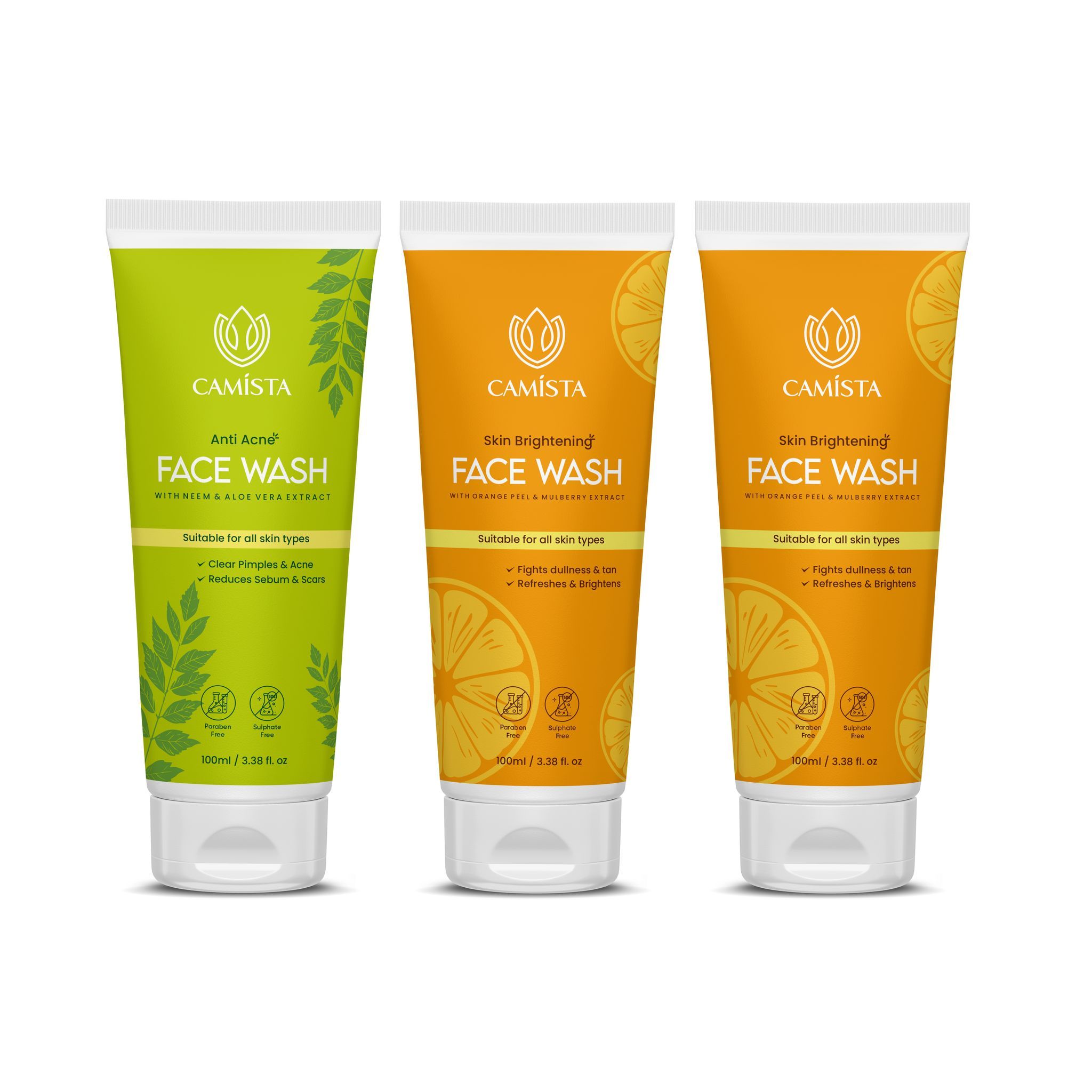 CAMISTA  Anti Acne Face Wash with Neem & Aloe Vera Extract & Skin Brightening Face Wash with Orange Peel & Mulberry Extract (Combo)