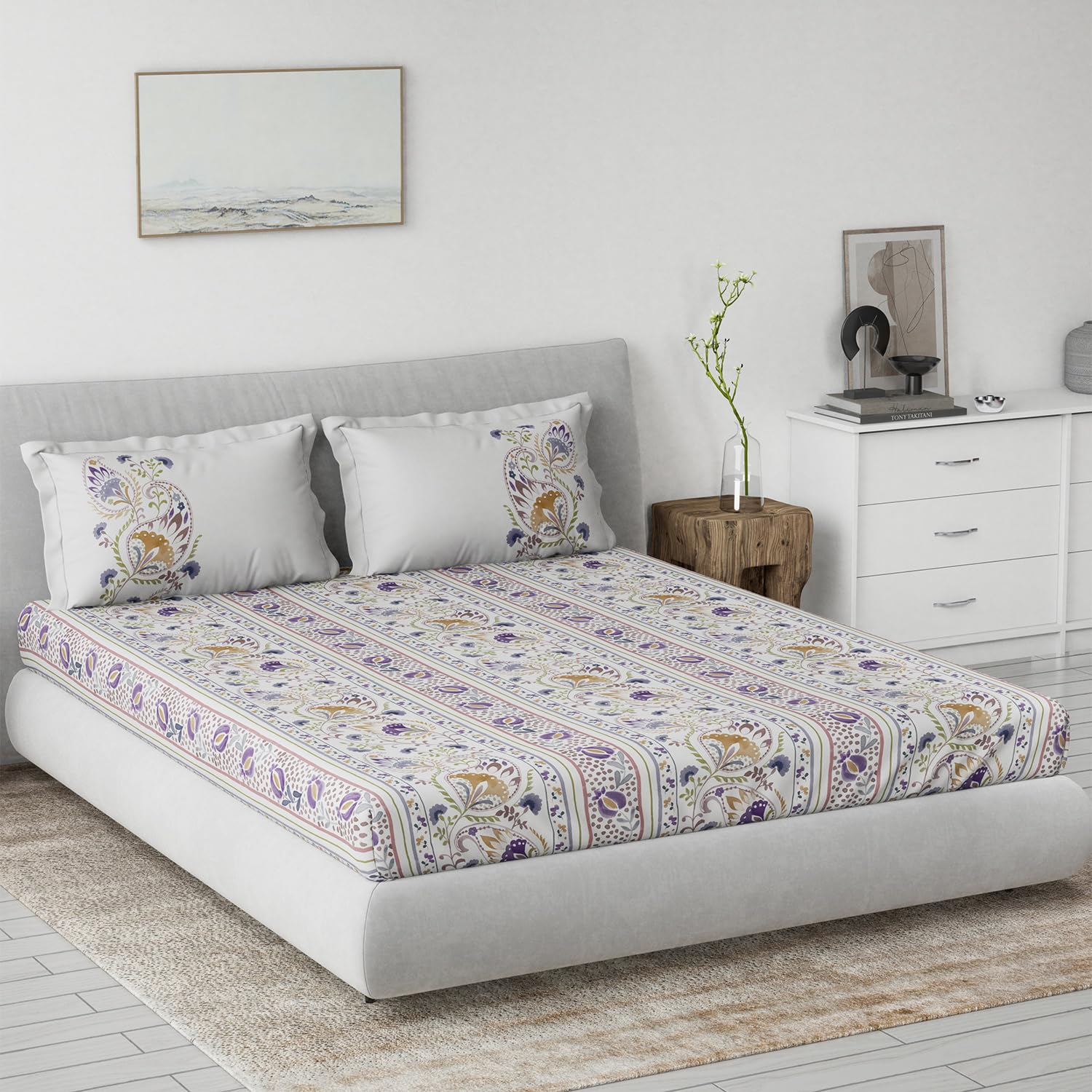 DDECOR - Primary Collection 100% Cotton Ethnic Pattern 145TC King Bedsheet |229 CM X 274 CM| Purple