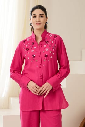 GULAARI SEQUINED LINEN SHIRT-Gulaal Pink / COTTON LINEN / XXS