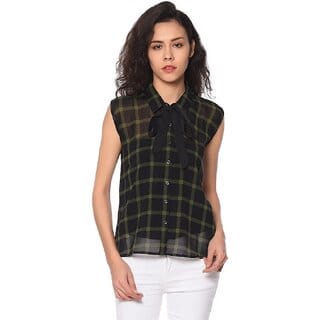 Purys Women Black Georgette Checks Formal Shirt