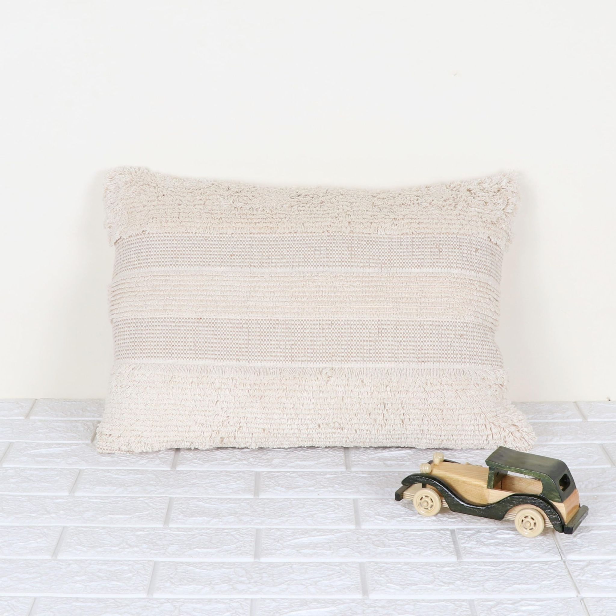 Indihomecraft Handicraft Cotton Cushion Cover | Hand Stitched Embroidery | Decorative Art Boho Pillow | Handmade Beige Woven Embroidery Pillow Cover | Rectangle Shape 14X20 Inches Cushion Cover