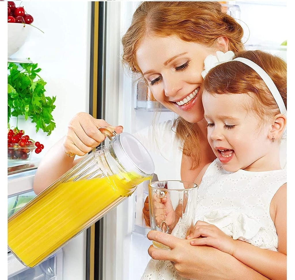 Italian Premium Glass Water Jug with Plastic Lid & Handle | 1.3 Littre |Transparent Carafe for Home, Office | Pitcher for Serve Water, Milk, Juice, Beverage, Chaas, Cocktail |