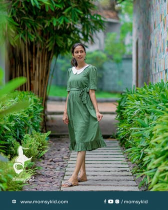 Olive Green Butta Cotton with Hacoba Peter Pan Collar - Sleeveless