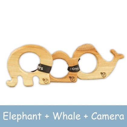 Wooden Teething Toys – Elephant + Whale + Camera (mini size for Pre mature)