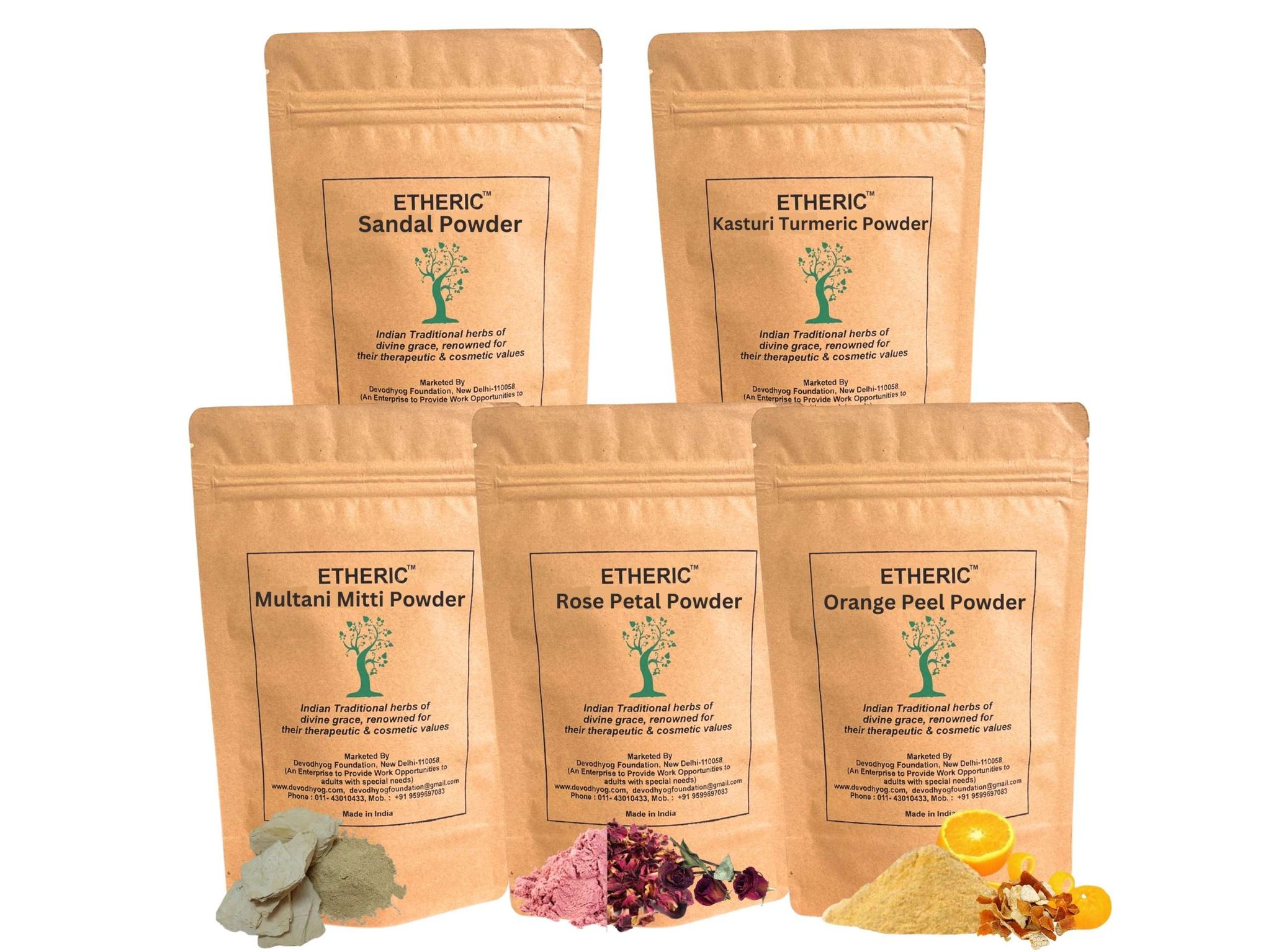 DIY FACE PACK / MASK by  ETHERIC  (Combo Pack of Sandal ,Rose Petal,  Orange Peel , Kasturi Turmeric &  Multani Mitti Powder  -(5x75 Grams)