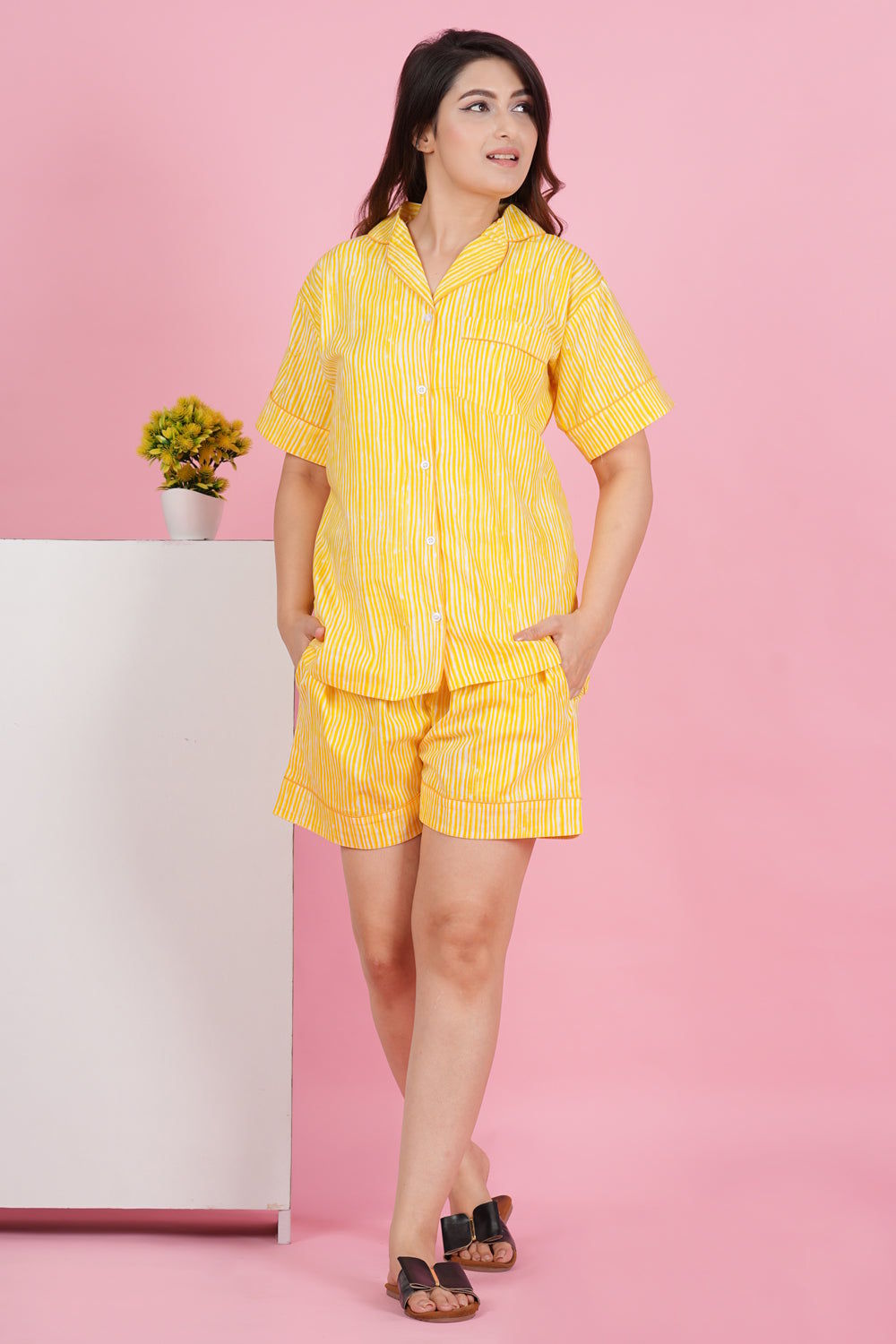 Sunshine Stripe: Yellow and White Print Half Sleeve Shorts Set-S / Yellow / 100% Cotton