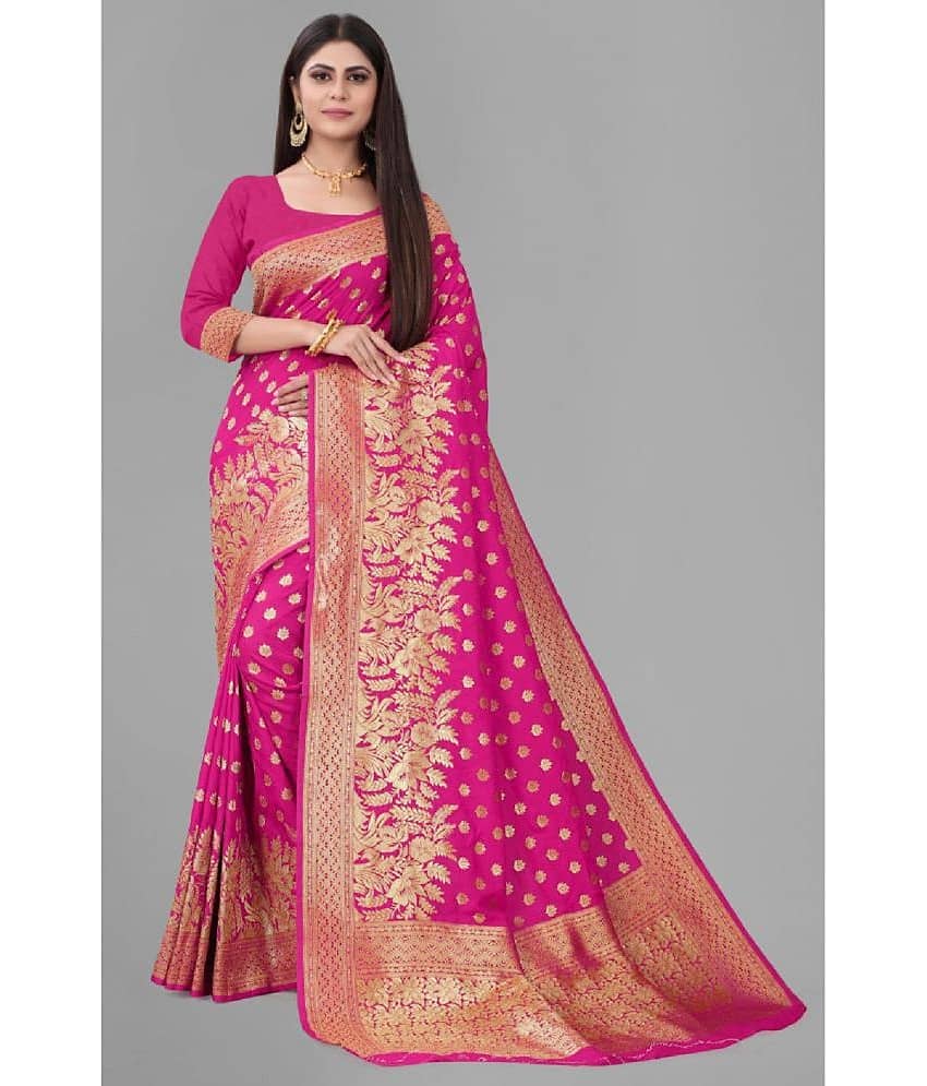 Gazal Fashions Banarasi Silk Embellished Saree With Unstitched Blouse Piece ( Pink )